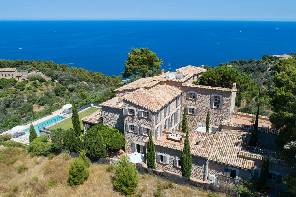 Aerial view of this amazing villa for sale in Deia. Sea views offered from every single room